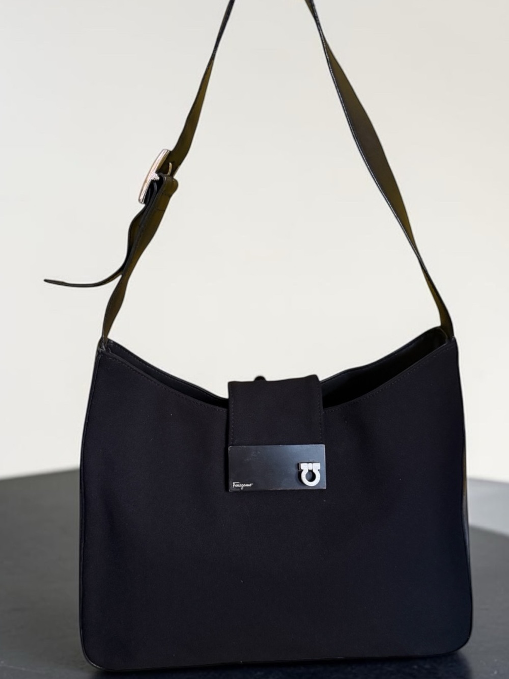 Salvatore Ferragamo Gancini Black Shoulder Bag with Silver Hardware Vintage
